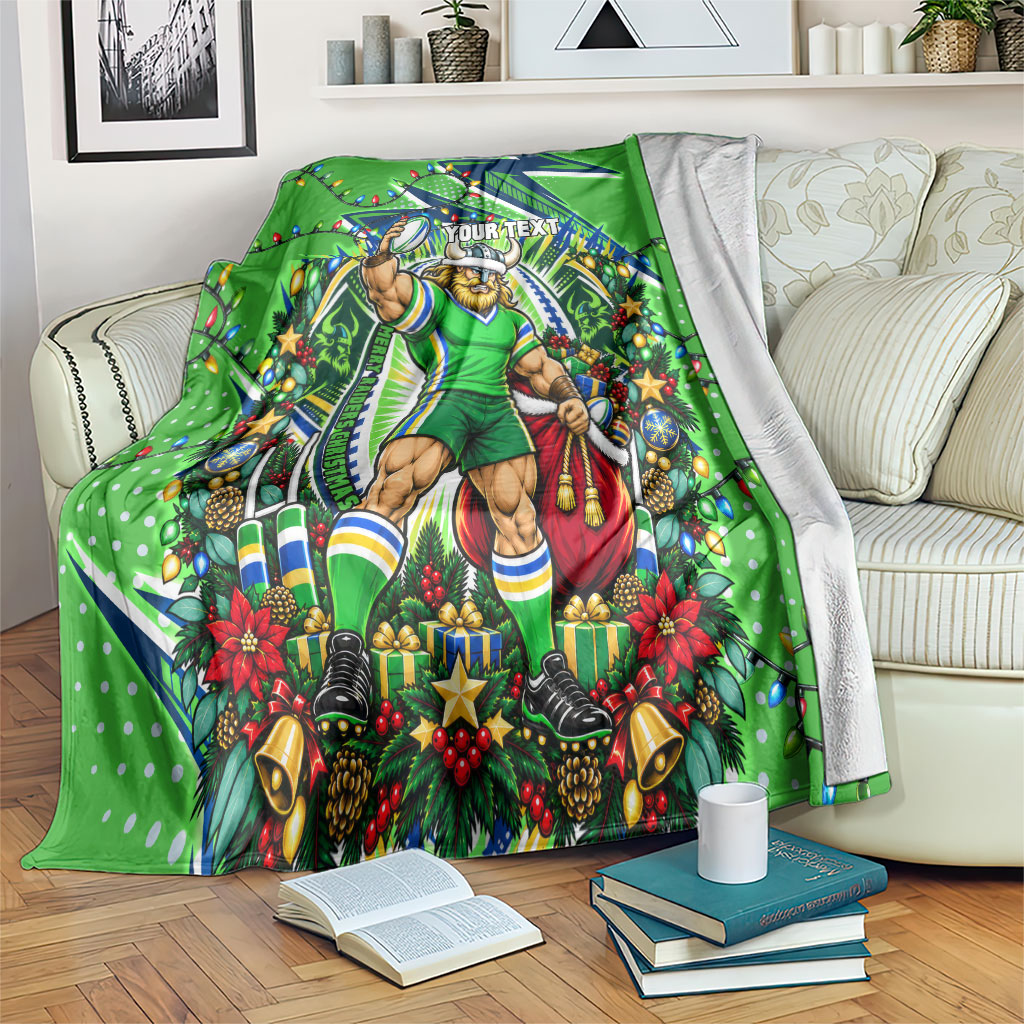 Personalized Canberra Raiders Rugby Christmas Blanket Holiday Mascot Graphic Art Festive Lights Bow