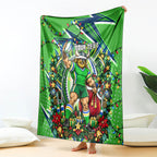 Personalized Canberra Raiders Rugby Christmas Blanket Holiday Mascot Graphic Art Festive Lights Bow