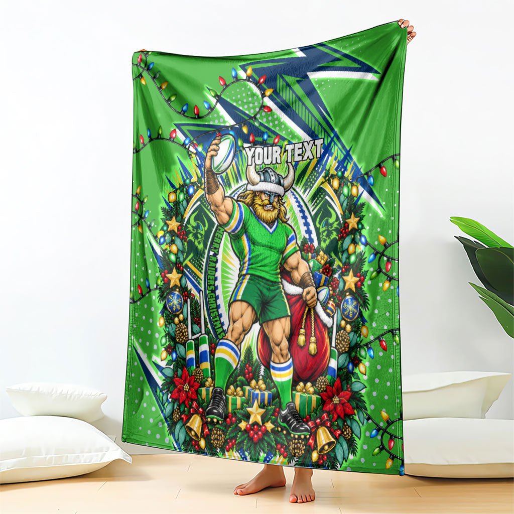 Personalized Canberra Raiders Rugby Christmas Blanket Holiday Mascot Graphic Art Festive Lights Bow