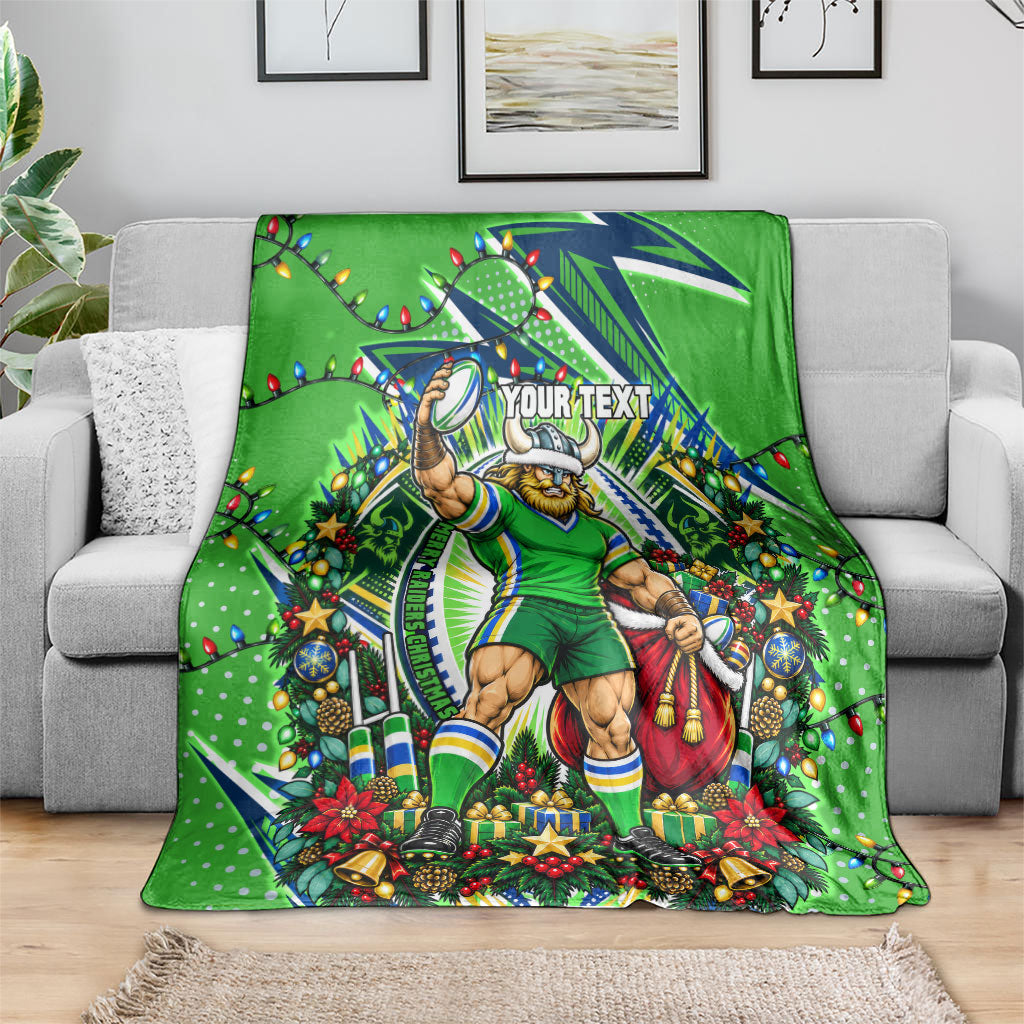 Personalized Canberra Raiders Rugby Christmas Blanket Holiday Mascot Graphic Art Festive Lights Bow