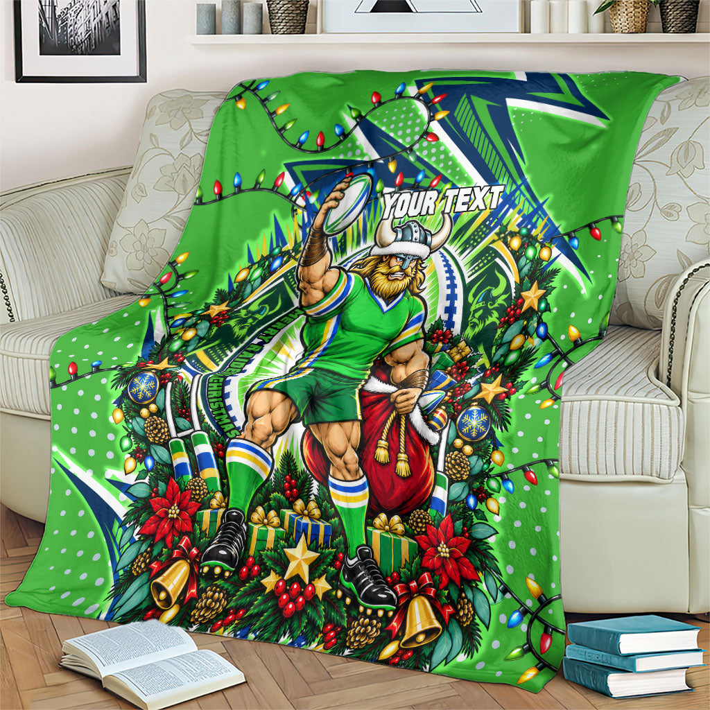 Personalized Canberra Raiders Rugby Christmas Blanket Holiday Mascot Graphic Art Festive Lights Bow