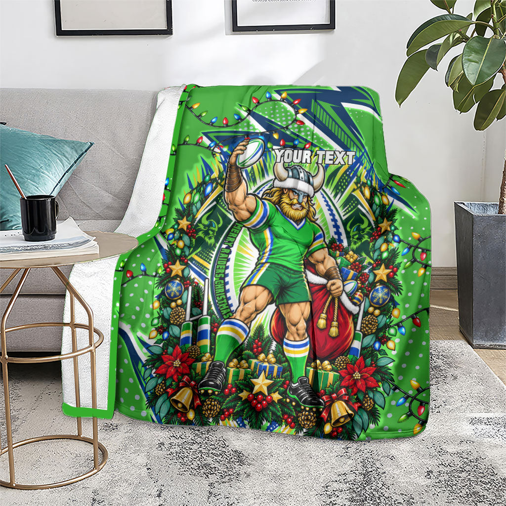 Personalized Canberra Raiders Rugby Christmas Blanket Holiday Mascot Graphic Art Festive Lights Bow