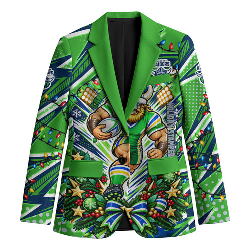 Personalized Canberra Raiders Rugby Christmas Blazer Holiday Mascot Graphic Art Festive Lights Bow