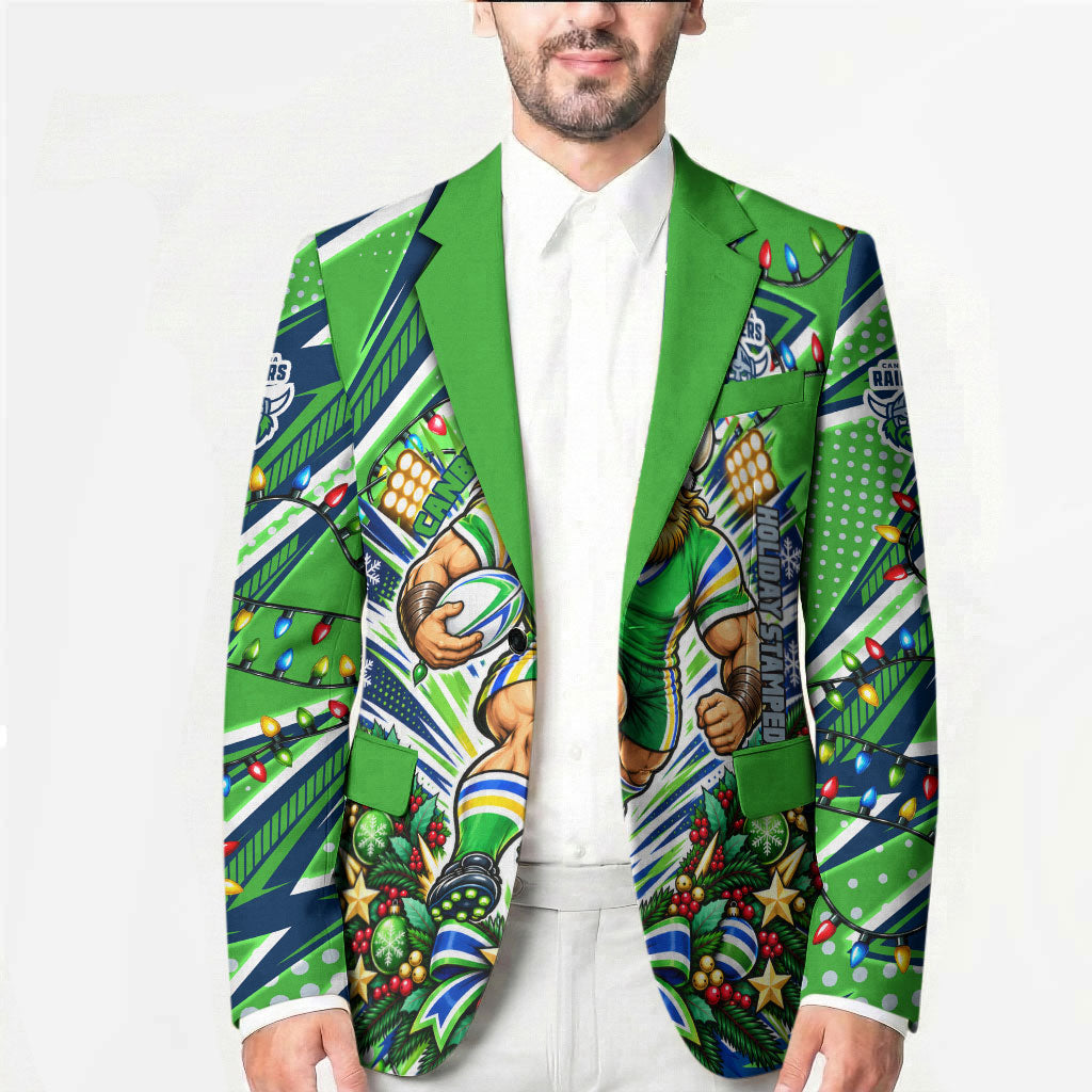Personalized Canberra Raiders Rugby Christmas Blazer Holiday Mascot Graphic Art Festive Lights Bow