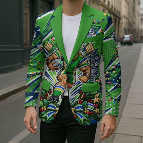 Personalized Canberra Raiders Rugby Christmas Blazer Holiday Mascot Graphic Art Festive Lights Bow