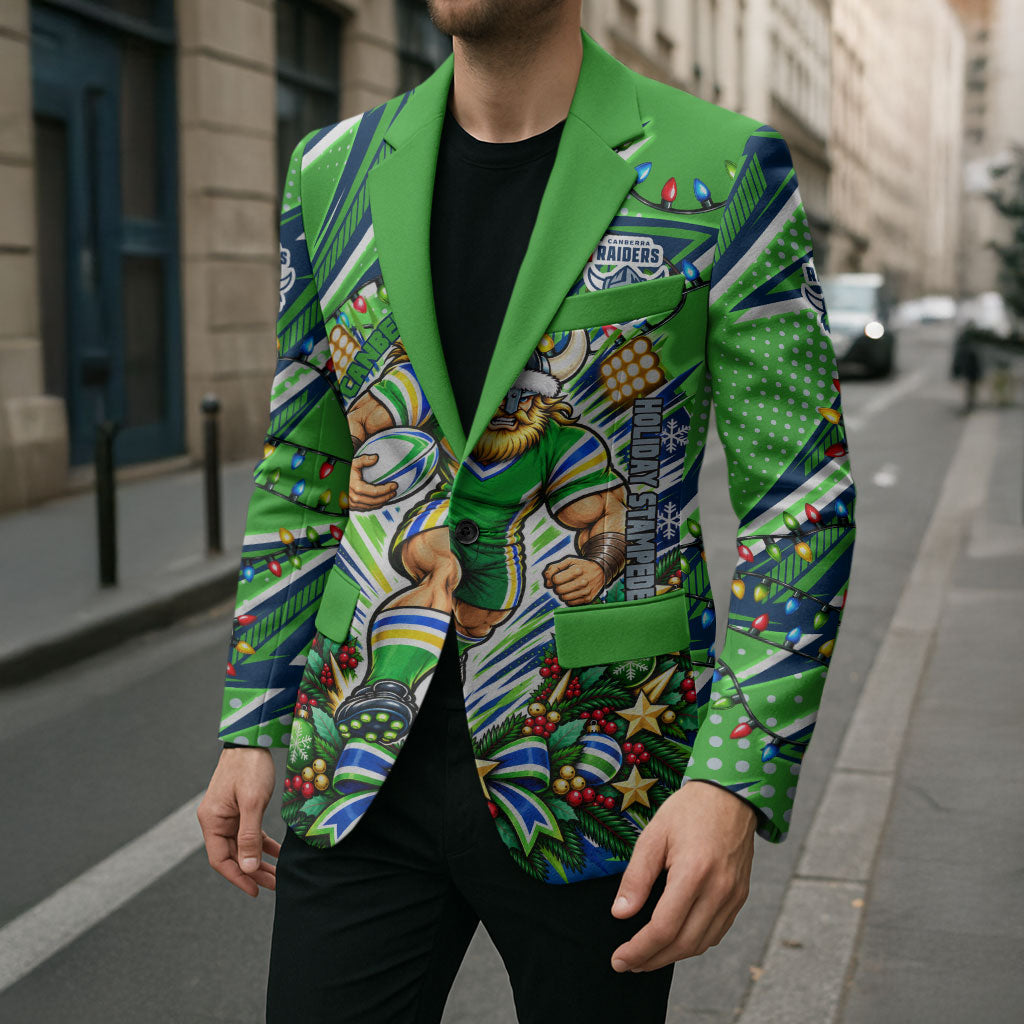 Personalized Canberra Raiders Rugby Christmas Blazer Holiday Mascot Graphic Art Festive Lights Bow