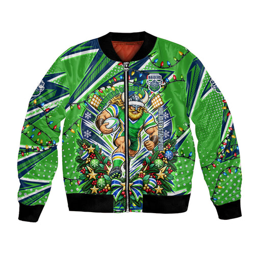 Personalized Canberra Raiders Rugby Christmas Bomber Jacket Holiday Mascot Graphic Art Festive Lights Bow