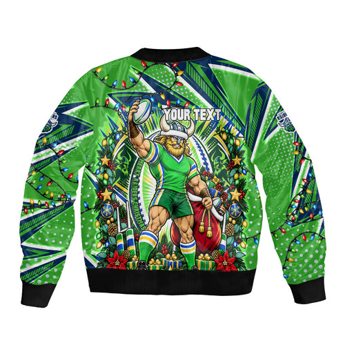 Personalized Canberra Raiders Rugby Christmas Bomber Jacket Holiday Mascot Graphic Art Festive Lights Bow