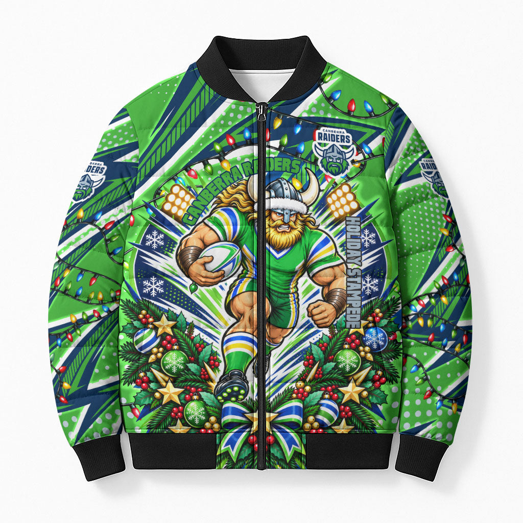 Personalized Canberra Raiders Rugby Christmas Bomber Puffer Jacket Holiday Mascot Graphic Art Festive Lights Bow