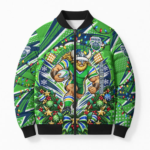 Personalized Canberra Raiders Rugby Christmas Bomber Puffer Jacket Holiday Mascot Graphic Art Festive Lights Bow