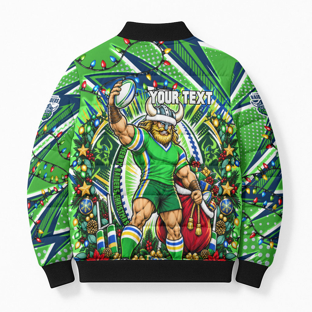 Personalized Canberra Raiders Rugby Christmas Bomber Puffer Jacket Holiday Mascot Graphic Art Festive Lights Bow