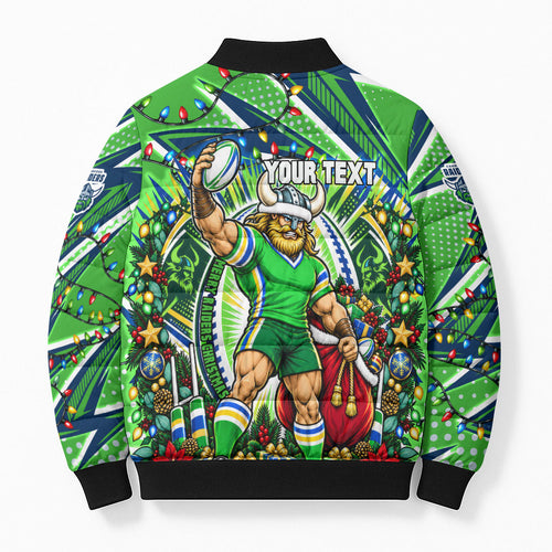 Personalized Canberra Raiders Rugby Christmas Bomber Puffer Jacket Holiday Mascot Graphic Art Festive Lights Bow