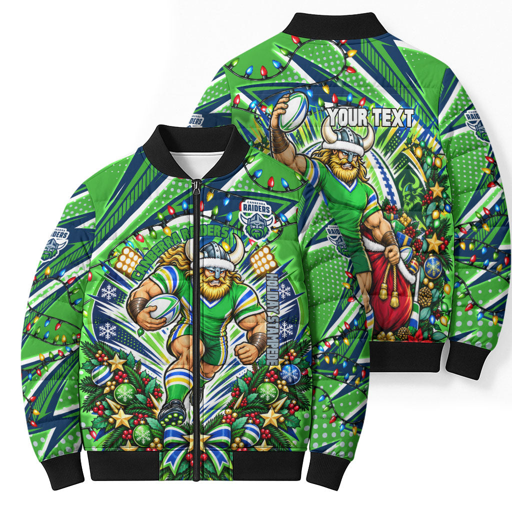 Personalized Canberra Raiders Rugby Christmas Bomber Puffer Jacket Holiday Mascot Graphic Art Festive Lights Bow