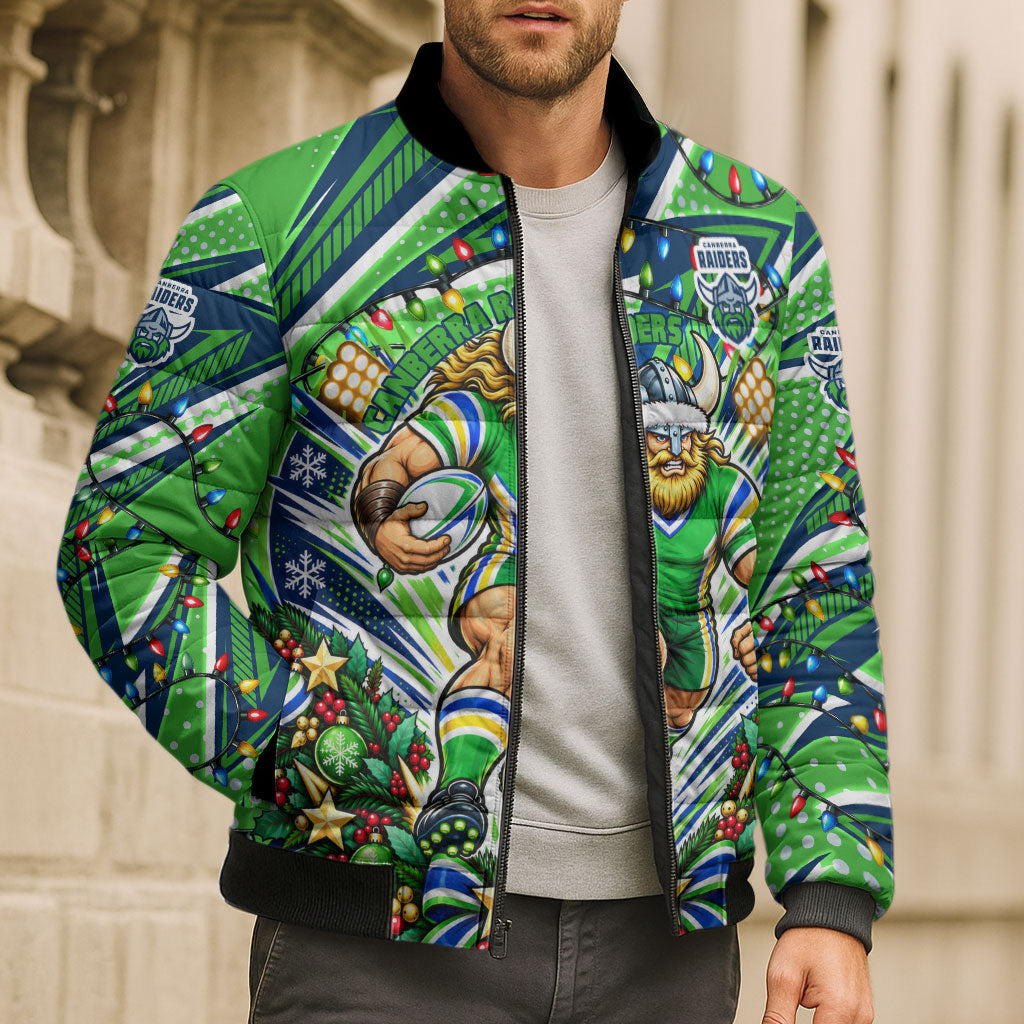 Personalized Canberra Raiders Rugby Christmas Bomber Puffer Jacket Holiday Mascot Graphic Art Festive Lights Bow