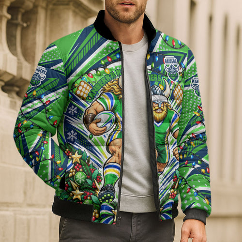 Personalized Canberra Raiders Rugby Christmas Bomber Puffer Jacket Holiday Mascot Graphic Art Festive Lights Bow
