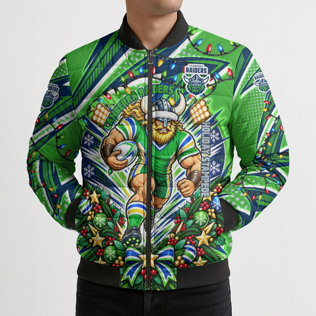 Personalized Canberra Raiders Rugby Christmas Bomber Puffer Jacket Holiday Mascot Graphic Art Festive Lights Bow