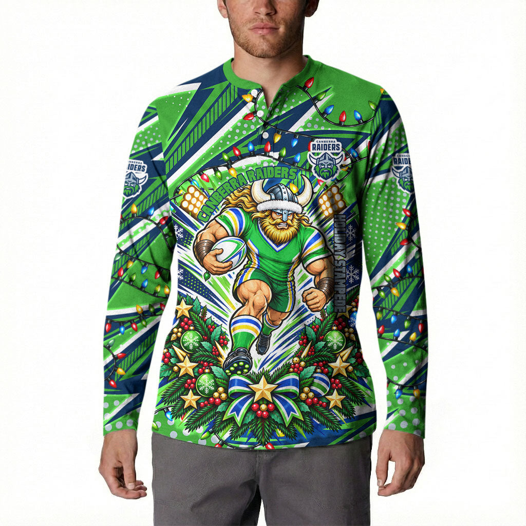 Personalized Canberra Raiders Rugby Christmas Button Sweatshirt Holiday Mascot Graphic Art Festive Lights Bow
