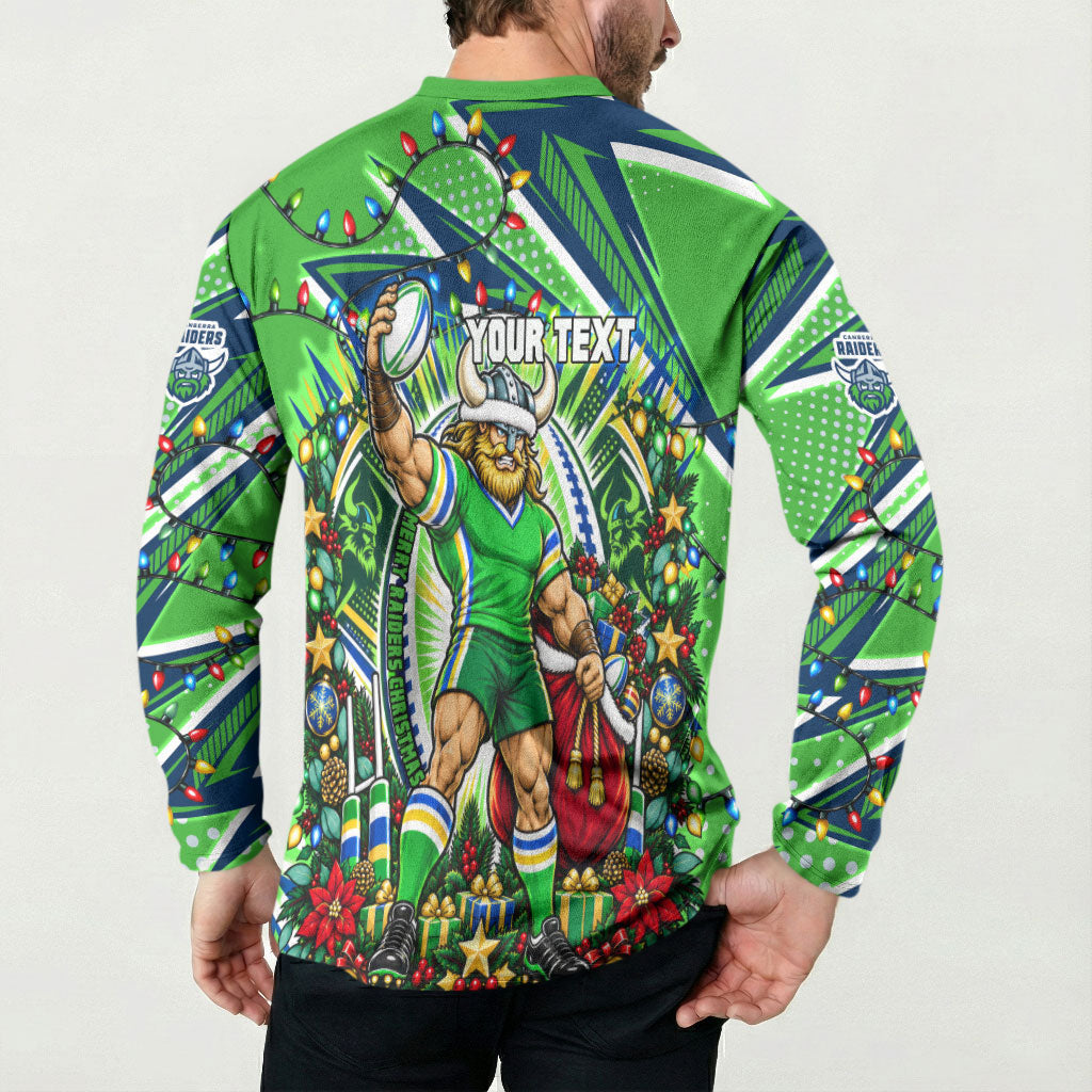 Personalized Canberra Raiders Rugby Christmas Button Sweatshirt Holiday Mascot Graphic Art Festive Lights Bow