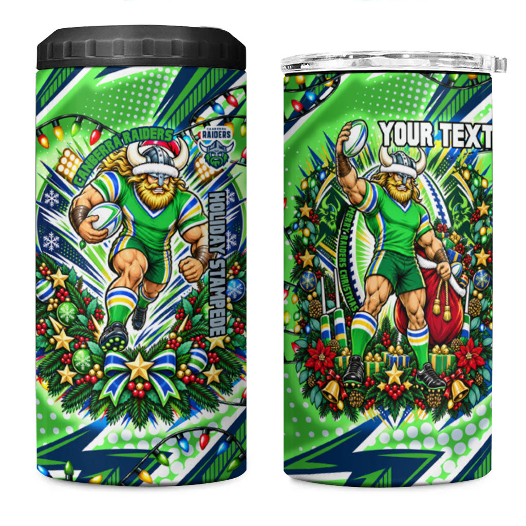 Personalized Canberra Raiders Rugby Christmas 4 in 1 Can Cooler Tumbler Holiday Mascot Graphic Art Festive Lights Bow