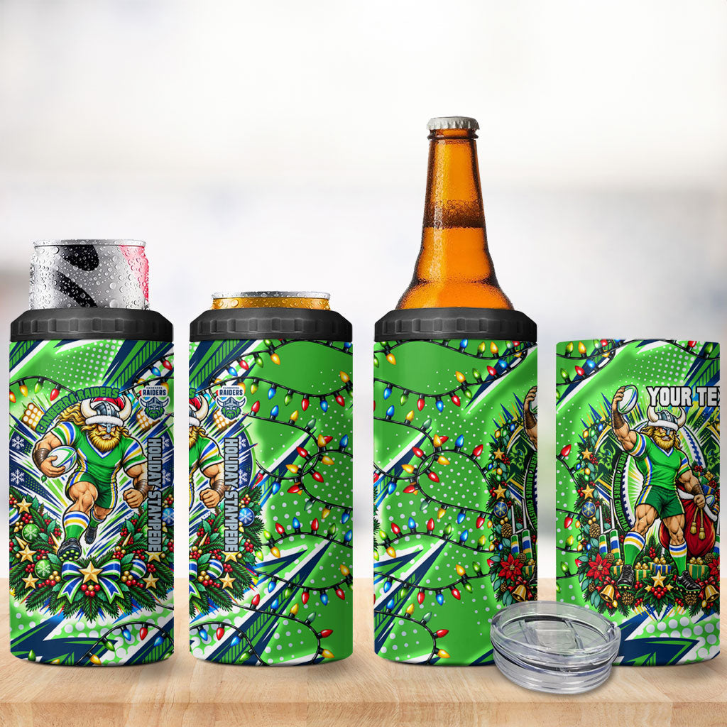 Personalized Canberra Raiders Rugby Christmas 4 in 1 Can Cooler Tumbler Holiday Mascot Graphic Art Festive Lights Bow