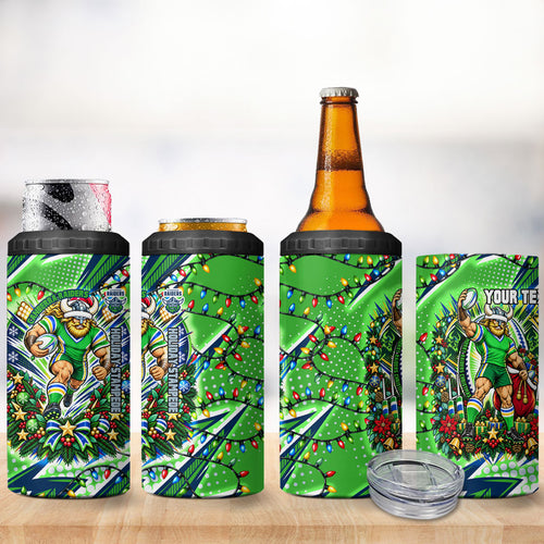 Personalized Canberra Raiders Rugby Christmas 4 in 1 Can Cooler Tumbler Holiday Mascot Graphic Art Festive Lights Bow