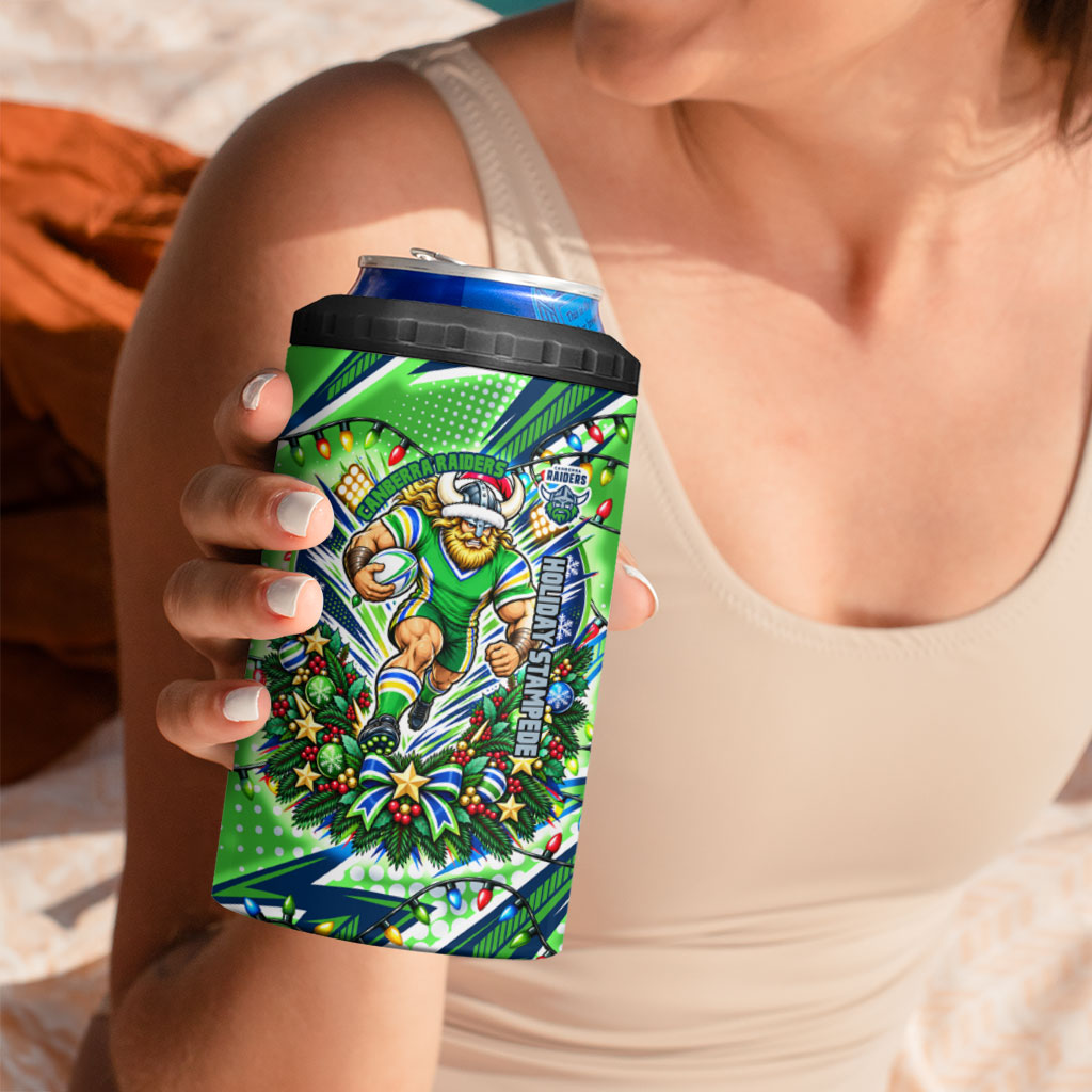Personalized Canberra Raiders Rugby Christmas 4 in 1 Can Cooler Tumbler Holiday Mascot Graphic Art Festive Lights Bow
