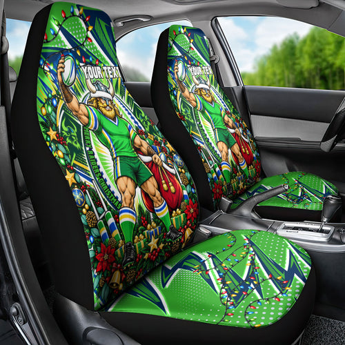 Personalized Canberra Raiders Rugby Christmas Car Seat Cover Holiday Mascot Graphic Art Festive Lights Bow