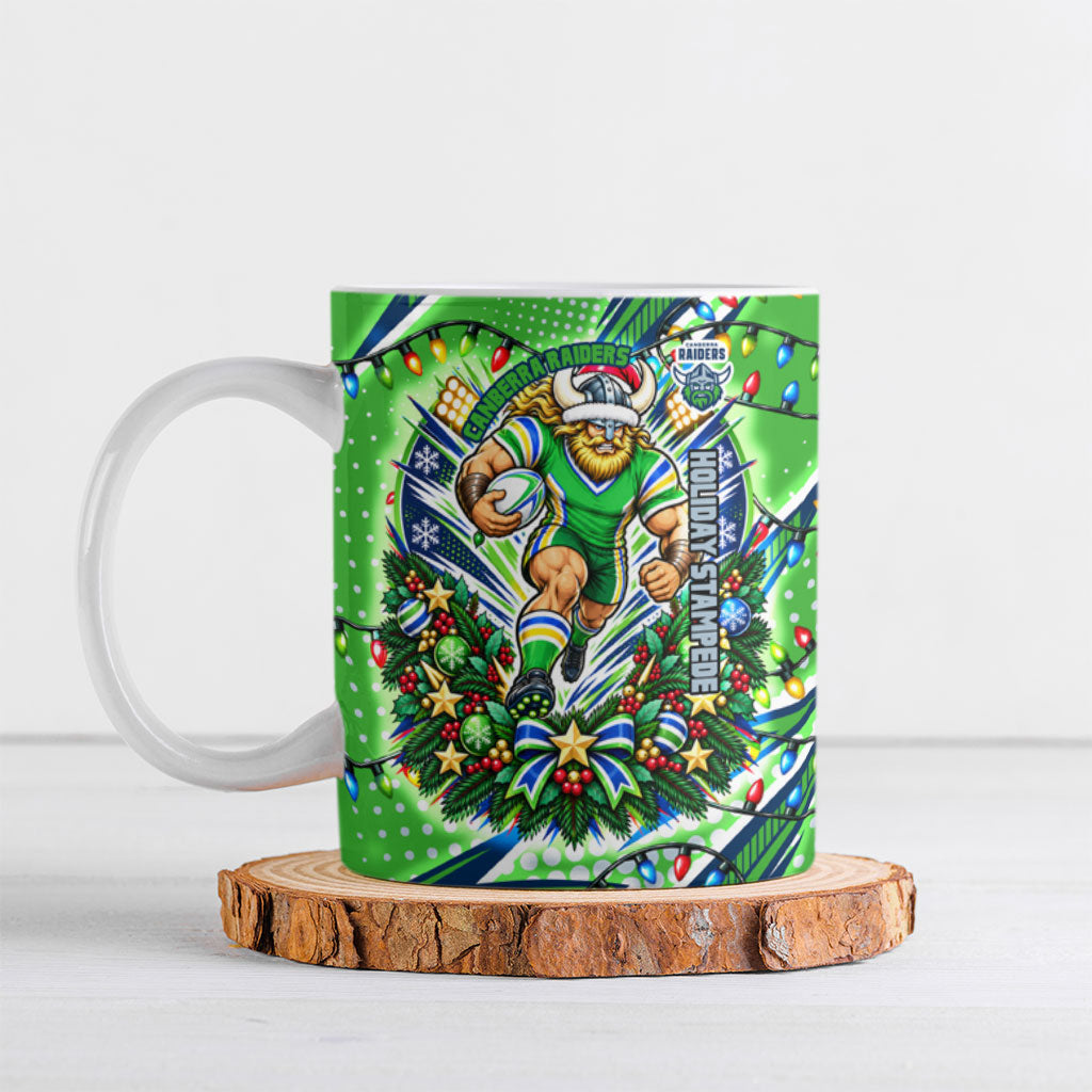 Personalized Canberra Raiders Rugby Christmas Ceramic Mug Holiday Mascot Graphic Art Festive Lights Bow