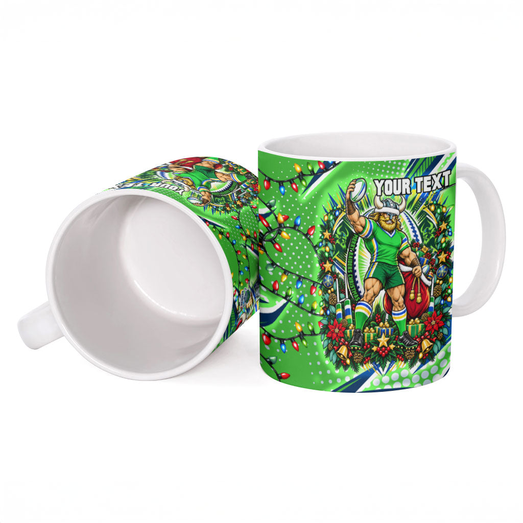 Personalized Canberra Raiders Rugby Christmas Ceramic Mug Holiday Mascot Graphic Art Festive Lights Bow
