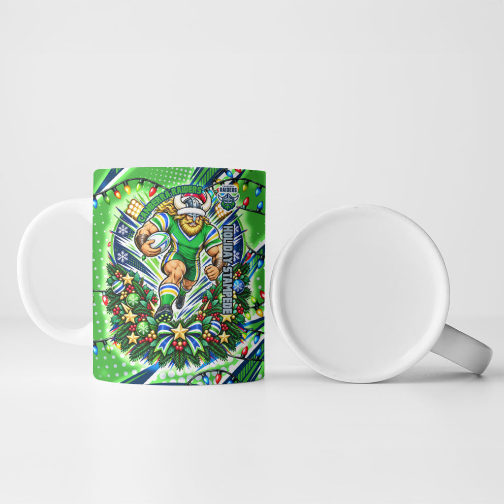 Personalized Canberra Raiders Rugby Christmas Ceramic Mug Holiday Mascot Graphic Art Festive Lights Bow