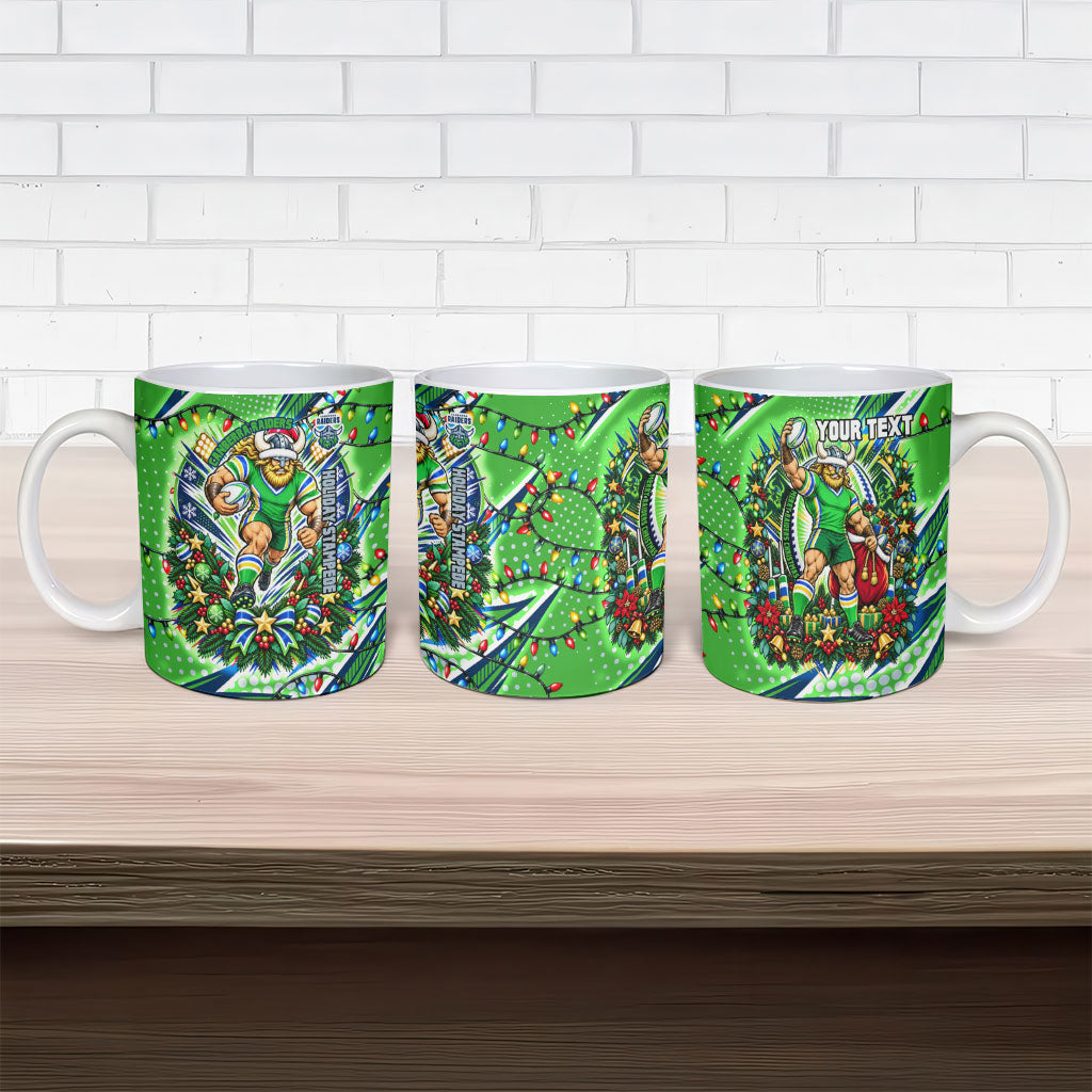 Personalized Canberra Raiders Rugby Christmas Ceramic Mug Holiday Mascot Graphic Art Festive Lights Bow