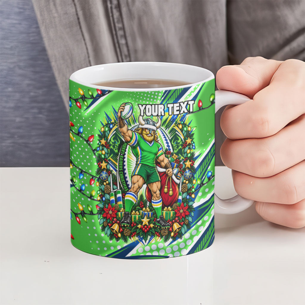 Personalized Canberra Raiders Rugby Christmas Ceramic Mug Holiday Mascot Graphic Art Festive Lights Bow