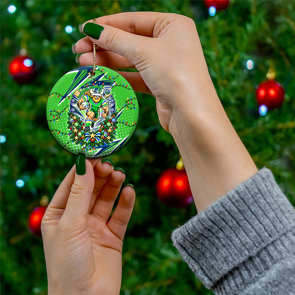 Canberra Raiders Rugby Christmas Ceramic Ornament Holiday Mascot Graphic Art Festive Lights Bow