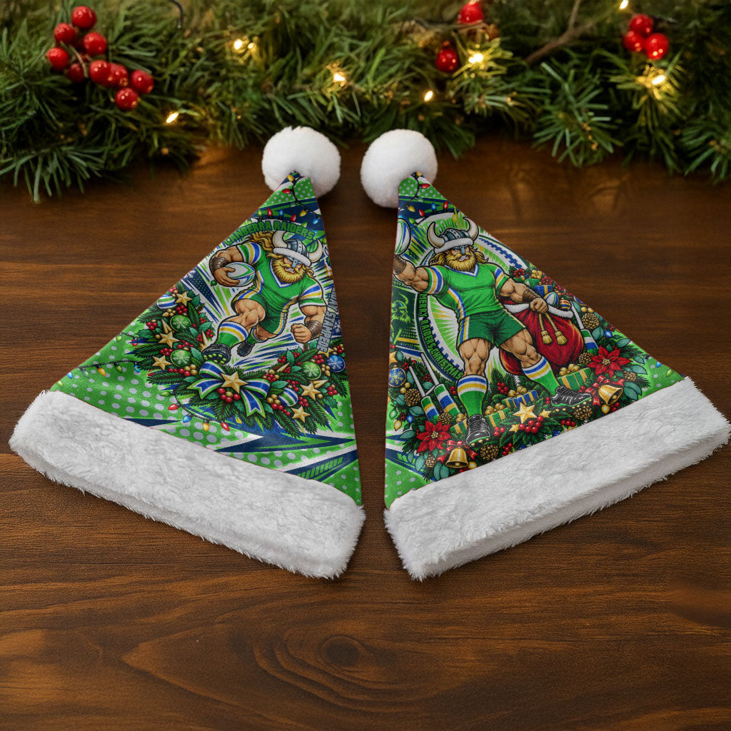 Canberra Raiders Rugby Christmas Santa Hat Holiday Mascot Graphic Art Festive Lights Bow