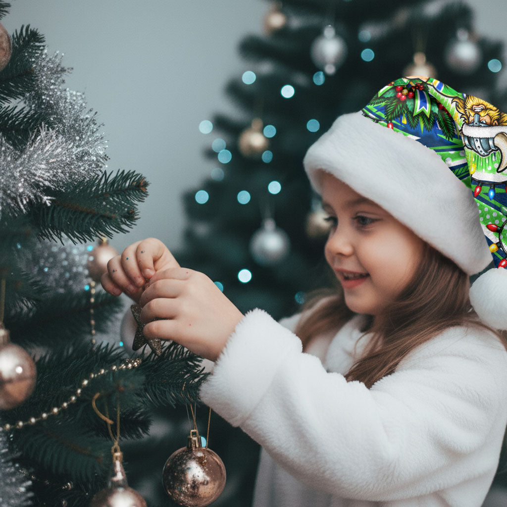 Canberra Raiders Rugby Christmas Santa Hat Holiday Mascot Graphic Art Festive Lights Bow