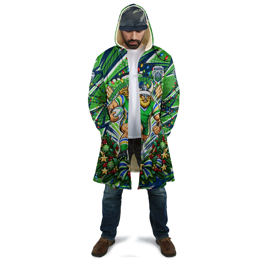 Personalized Canberra Raiders Rugby Christmas Cloak Holiday Mascot Graphic Art Festive Lights Bow
