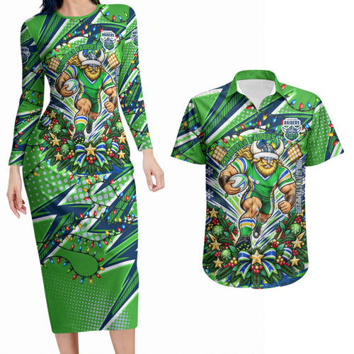 Personalized Canberra Raiders Rugby Christmas Couples Matching Long Sleeve Bodycon Dress and Hawaiian Shirt Holiday Mascot Graphic Art Festive Lights Bow