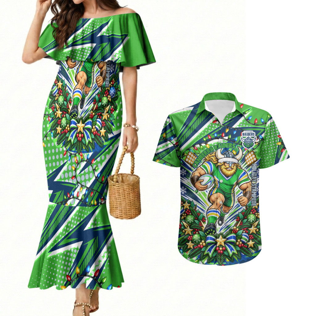 Personalized Canberra Raiders Rugby Christmas Couples Matching Mermaid Dress and Hawaiian Shirt Holiday Mascot Graphic Art Festive Lights Bow