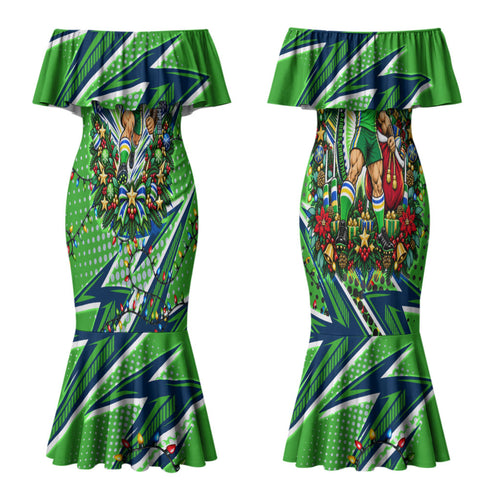 Personalized Canberra Raiders Rugby Christmas Couples Matching Mermaid Dress and Hawaiian Shirt Holiday Mascot Graphic Art Festive Lights Bow