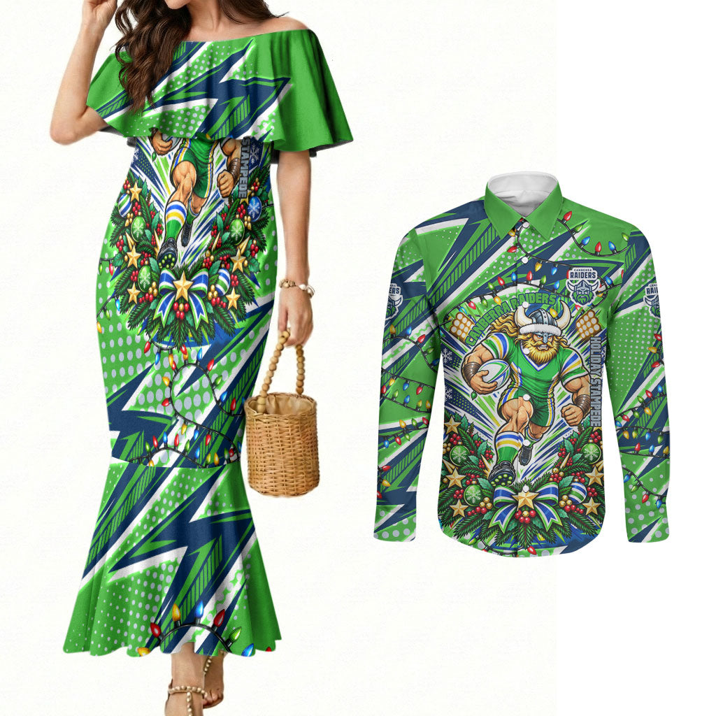 Personalized Canberra Raiders Rugby Christmas Couples Matching Mermaid Dress and Long Sleeve Button Shirt Holiday Mascot Graphic Art Festive Lights Bow
