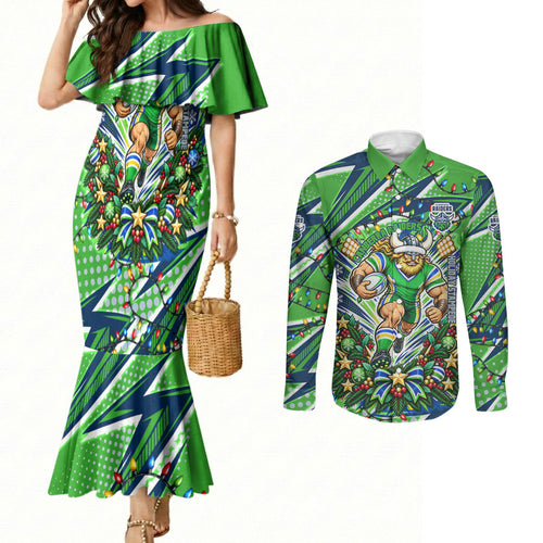 Personalized Canberra Raiders Rugby Christmas Couples Matching Mermaid Dress and Long Sleeve Button Shirt Holiday Mascot Graphic Art Festive Lights Bow