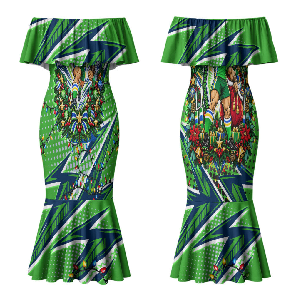 Personalized Canberra Raiders Rugby Christmas Couples Matching Mermaid Dress and Long Sleeve Button Shirt Holiday Mascot Graphic Art Festive Lights Bow