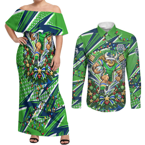 Personalized Canberra Raiders Rugby Christmas Couples Matching Off Shoulder Maxi Dress and Long Sleeve Button Shirt Holiday Mascot Graphic Art Festive Lights Bow