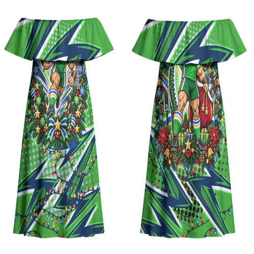 Personalized Canberra Raiders Rugby Christmas Couples Matching Off Shoulder Maxi Dress and Long Sleeve Button Shirt Holiday Mascot Graphic Art Festive Lights Bow