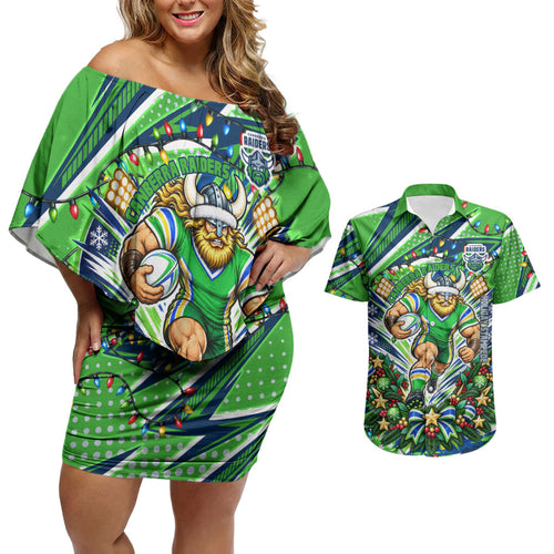 Personalized Canberra Raiders Rugby Christmas Couples Matching Off Shoulder Short Dress and Hawaiian Shirt Holiday Mascot Graphic Art Festive Lights Bow