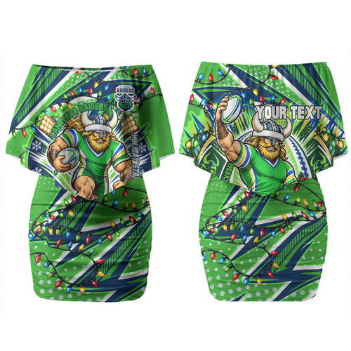 Personalized Canberra Raiders Rugby Christmas Couples Matching Off Shoulder Short Dress and Hawaiian Shirt Holiday Mascot Graphic Art Festive Lights Bow