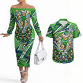 Personalized Canberra Raiders Rugby Christmas Couples Matching Off The Shoulder Long Sleeve Dress and Hawaiian Shirt Holiday Mascot Graphic Art Festive Lights Bow
