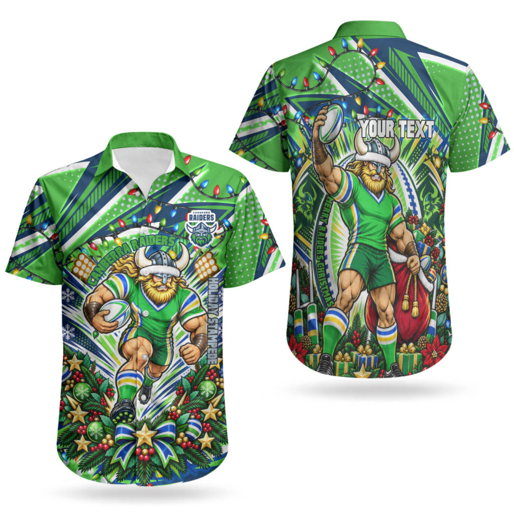 Personalized Canberra Raiders Rugby Christmas Couples Matching Off The Shoulder Long Sleeve Dress and Hawaiian Shirt Holiday Mascot Graphic Art Festive Lights Bow