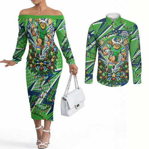 Personalized Canberra Raiders Rugby Christmas Couples Matching Off The Shoulder Long Sleeve Dress and Long Sleeve Button Shirt Holiday Mascot Graphic Art Festive Lights Bow