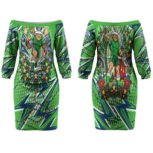 Personalized Canberra Raiders Rugby Christmas Couples Matching Off The Shoulder Long Sleeve Dress and Long Sleeve Button Shirt Holiday Mascot Graphic Art Festive Lights Bow